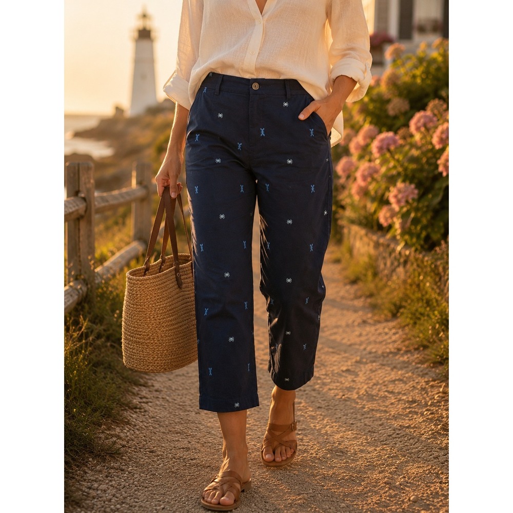 Talbots The Perfect Crop Curvy Pants 8 Navy Lobster Crab Embroidered Chino
